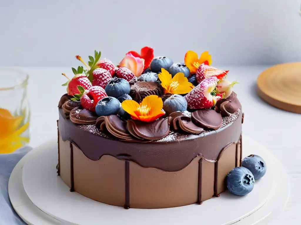 Delicioso pastel vegano de chocolate decorado con frutas y flores en stand de mármol blanco