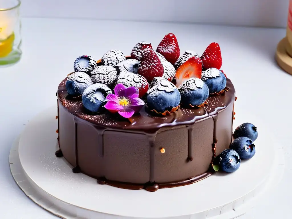 Delicioso pastel vegano de chocolate con frutos rojos y flores comestibles