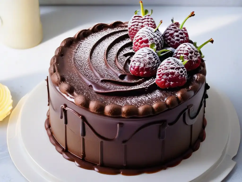 Delicioso pastel vegano de chocolate con frambuesas frescas y jarabe de agave, sobre mármol blanco