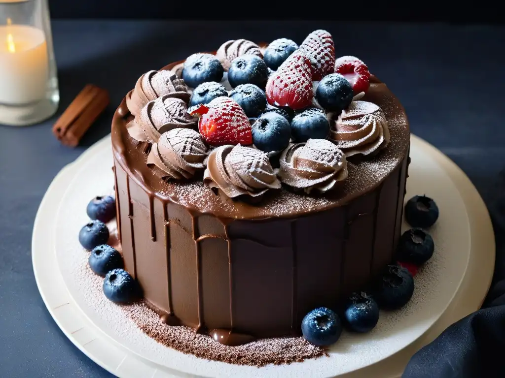 Delicioso pastel vegano de chocolate con frutos rojos y azúcar glass en un elegante plato blanco