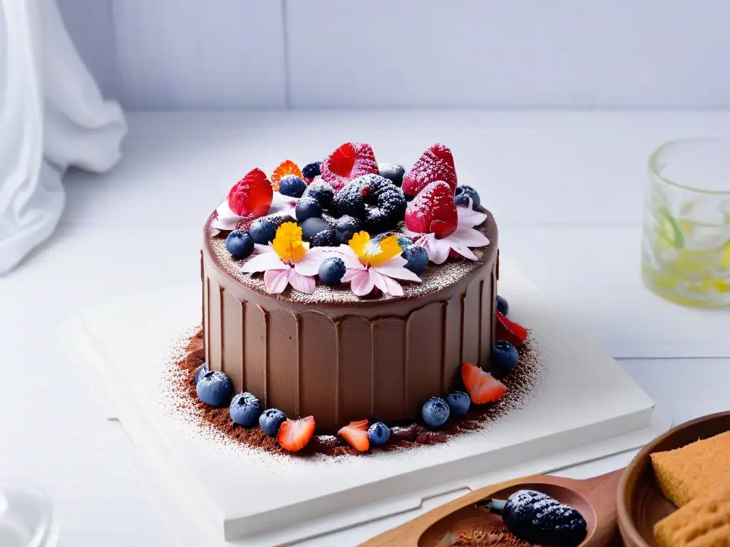 Delicioso pastel vegano de chocolate decorado con frutas frescas y flores comestibles