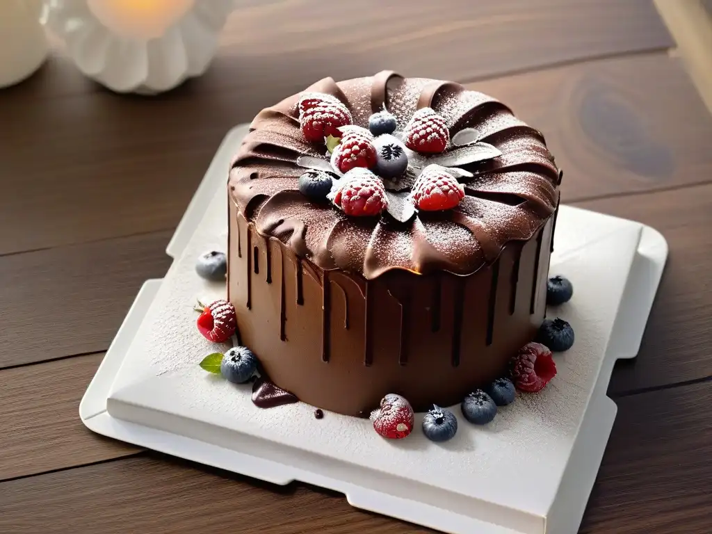 Delicioso pastel vegano de chocolate con frambuesas y flores comestibles Delicioso pastel vegano de chocolate con frambuesas y flores comestibles en plato blanco