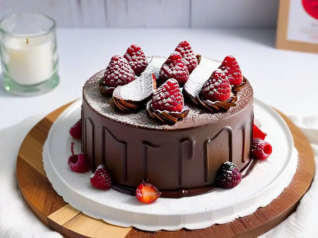 Delicioso pastel vegano de chocolate con frambuesas y menta Delicioso pastel vegano de chocolate con frambuesas y menta en plato blanco, ideal para repostería gourmet vegana fácil