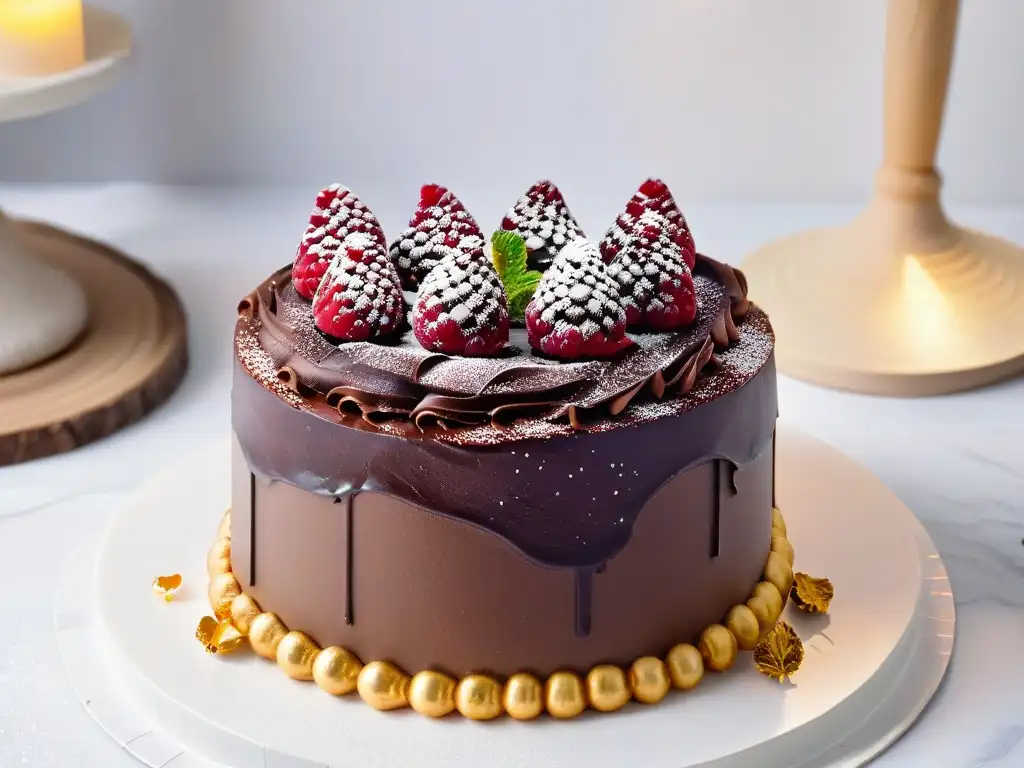 Exquisito pastel vegano de chocolate con hojas de oro comestibles Delicioso pastel vegano de chocolate con hojas de oro comestibles, frambuesas frescas y menta, sobre encimera de mármol blanco