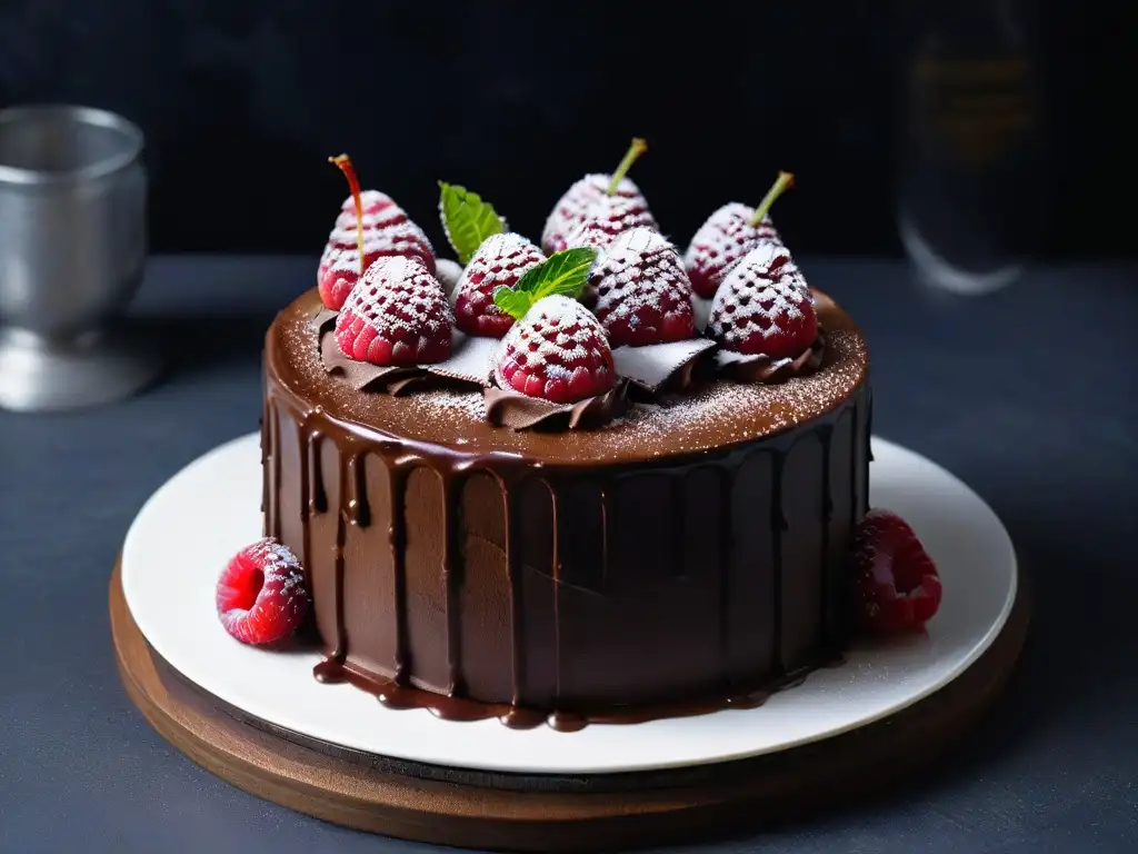 Delicioso pastel vegano de chocolate con frambuesas y menta en un elegante plato blanco, una de las mejores opciones postres veganos