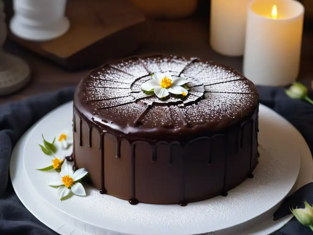 Delicioso pastel vegano de chocolate con ganache brillante y flores comestibles, en un elegante plato blanco sobre fondo oscuro