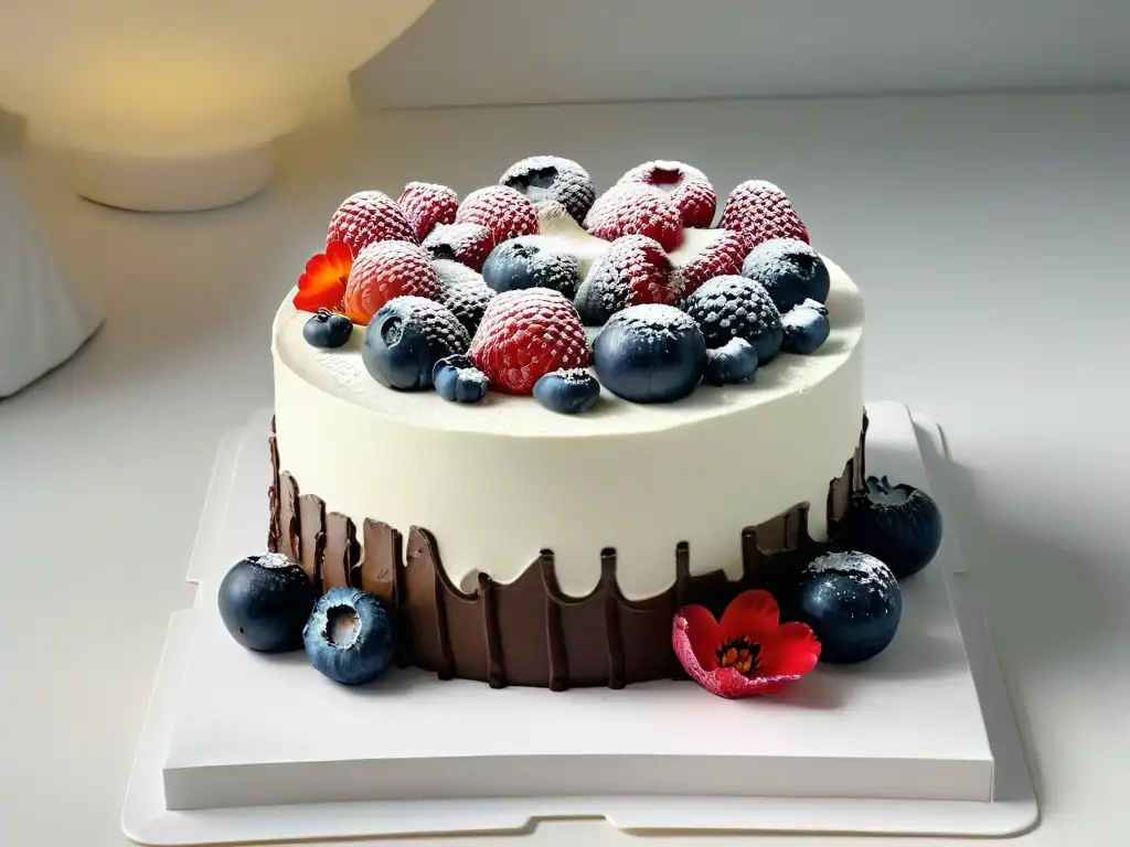 Delicioso pastel vegano de chocolate con frutas y flores comestibles en un elegante soporte blanco