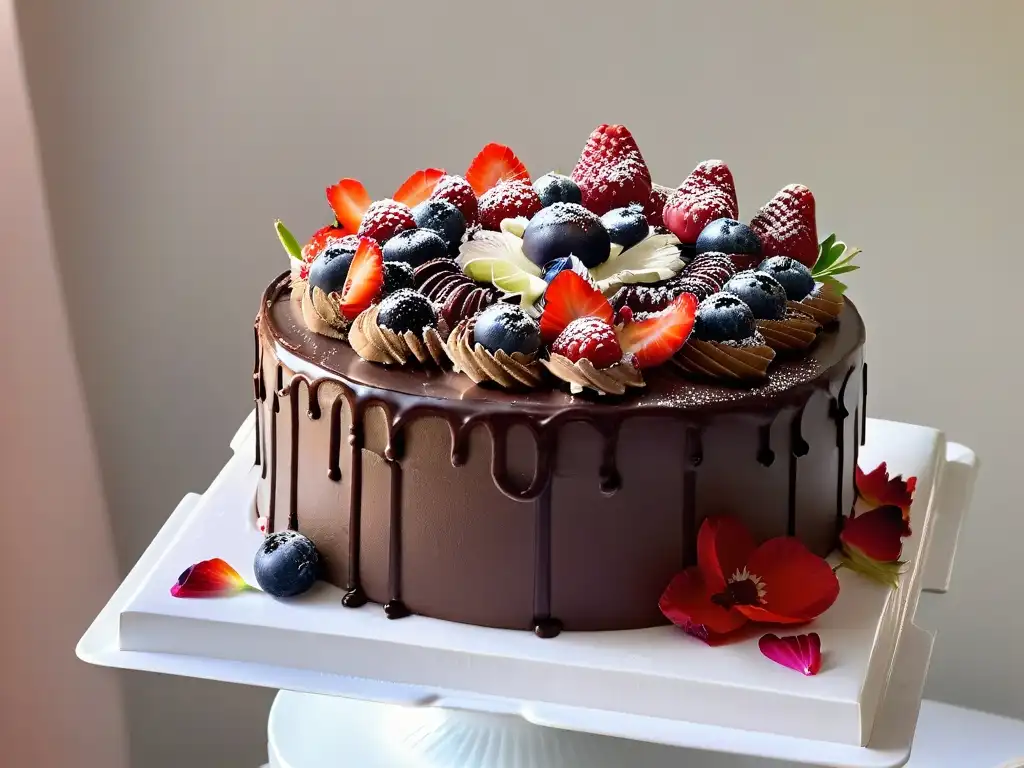 Delicioso pastel vegano de chocolate con frutas orgánicas y ganache