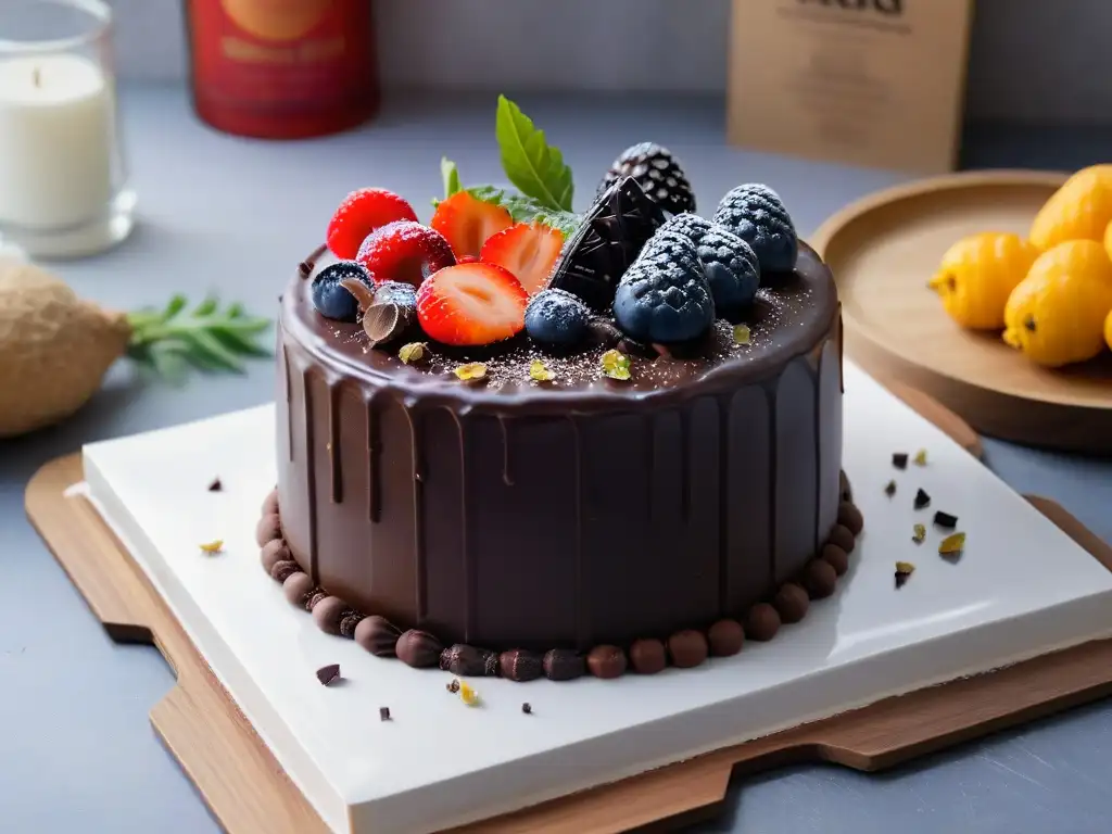 Delicioso pastel vegano de chocolate negro con ganache brillante, sal marina y beneficios chocolate negro vegano en el mercado de agricultores