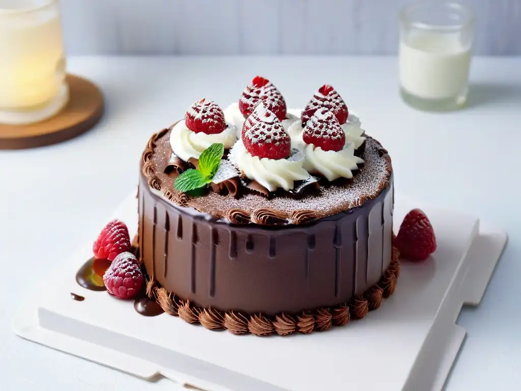 Delicioso pastel vegano de chocolate en 8k Delicioso pastel vegano de chocolate con crema agria vegana, frambuesas frescas y hojas de menta en un elegante plato blanco
