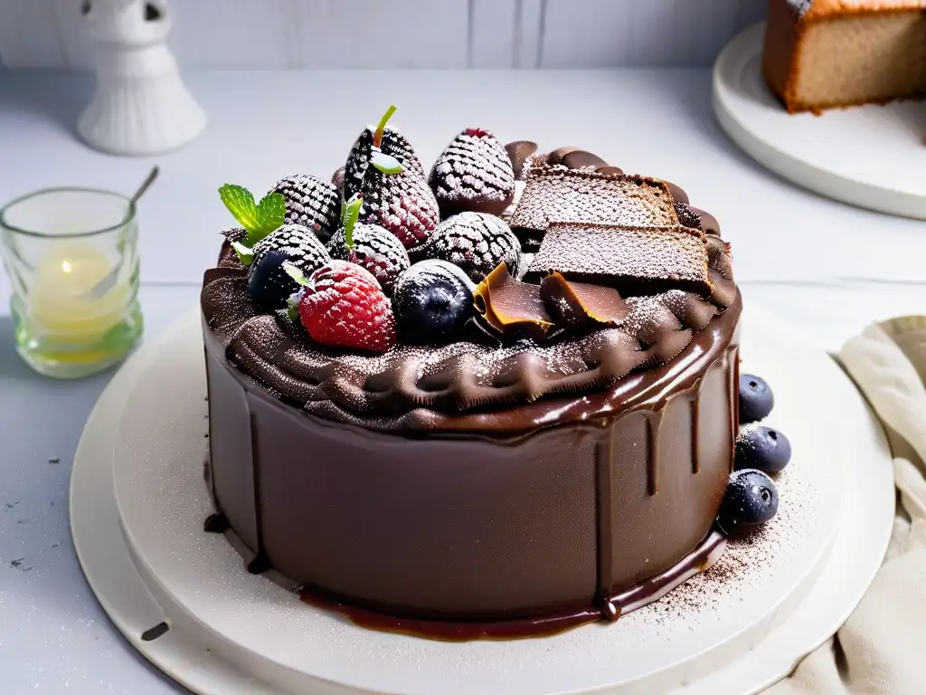 Exquisita tarta vegana de chocolate con frutos rojos Delicioso pastel vegano de chocolate con ingredientes balanceados repostería vegana