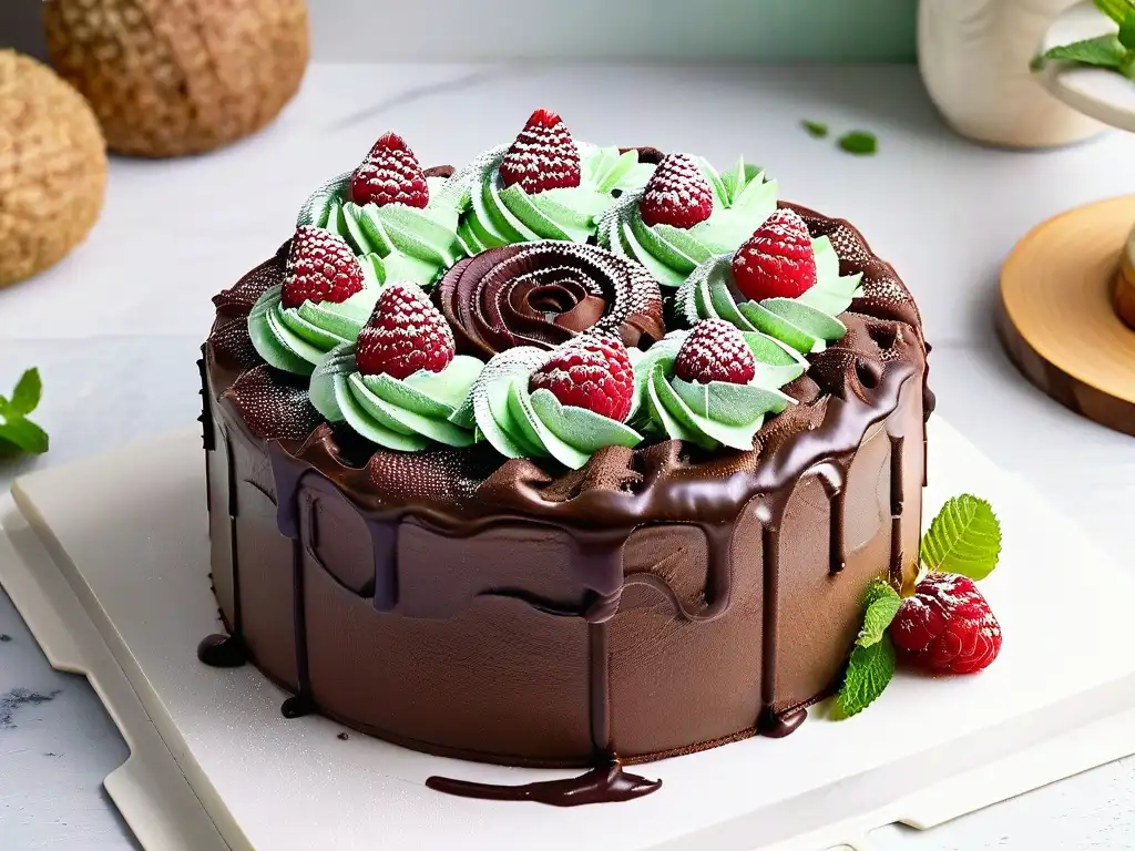 Delicia vegana: pastel de chocolate con frambuesas y menta Delicioso pastel vegano de chocolate con frambuesas y menta, mostrando ingredientes balanceados repostería vegana