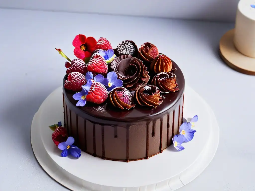 Delicioso pastel vegano de chocolate decorado con frambuesas y flores comestibles, en un elegante soporte blanco