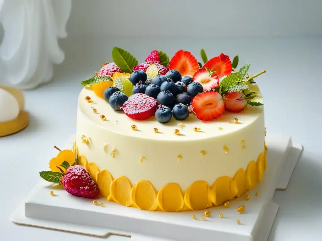 Delicioso pastel vegano decorado con frutas frescas y flores comestibles