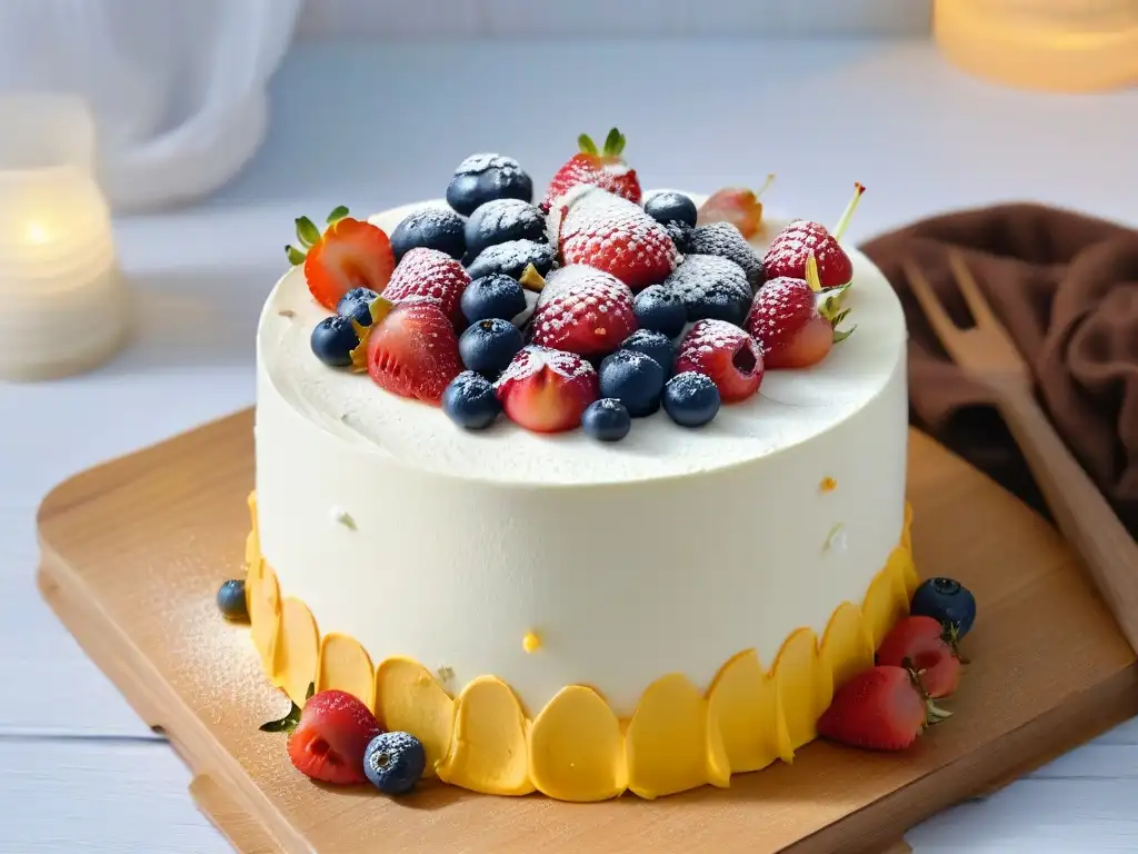 Delicioso pastel vegano decorado con frutas y flores, en mesa rústica