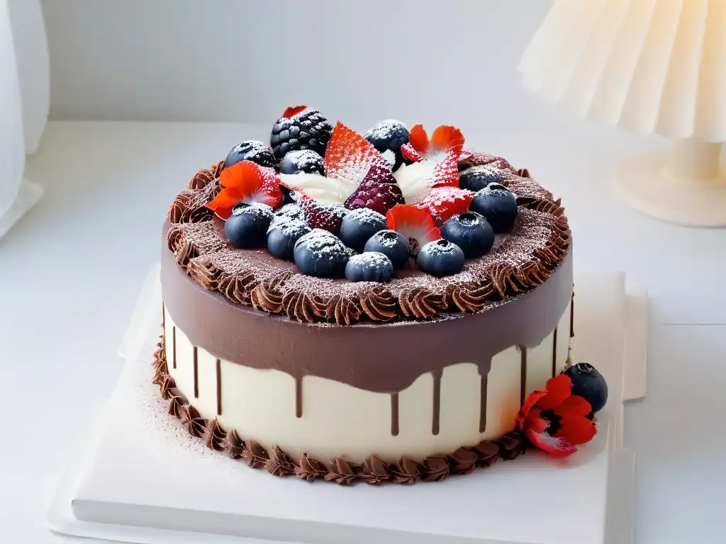 Delicioso pastel vegano decorado con chocolate, flores comestibles y bayas frescas