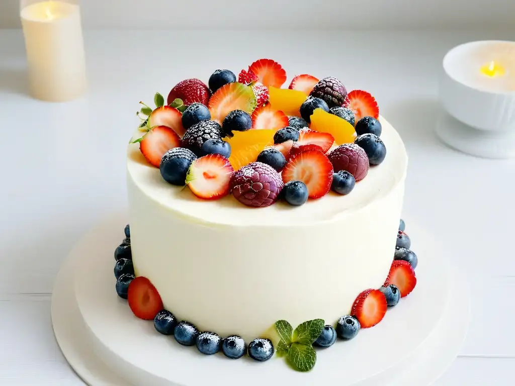 Delicioso pastel vegano decorado con frutas frescas y flores comestibles