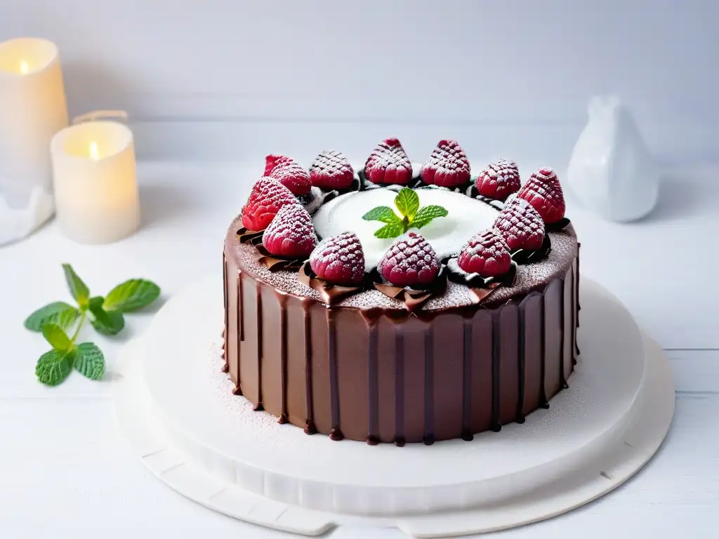 Delicioso pastel vegano con frambuesas y menta en plato blanco