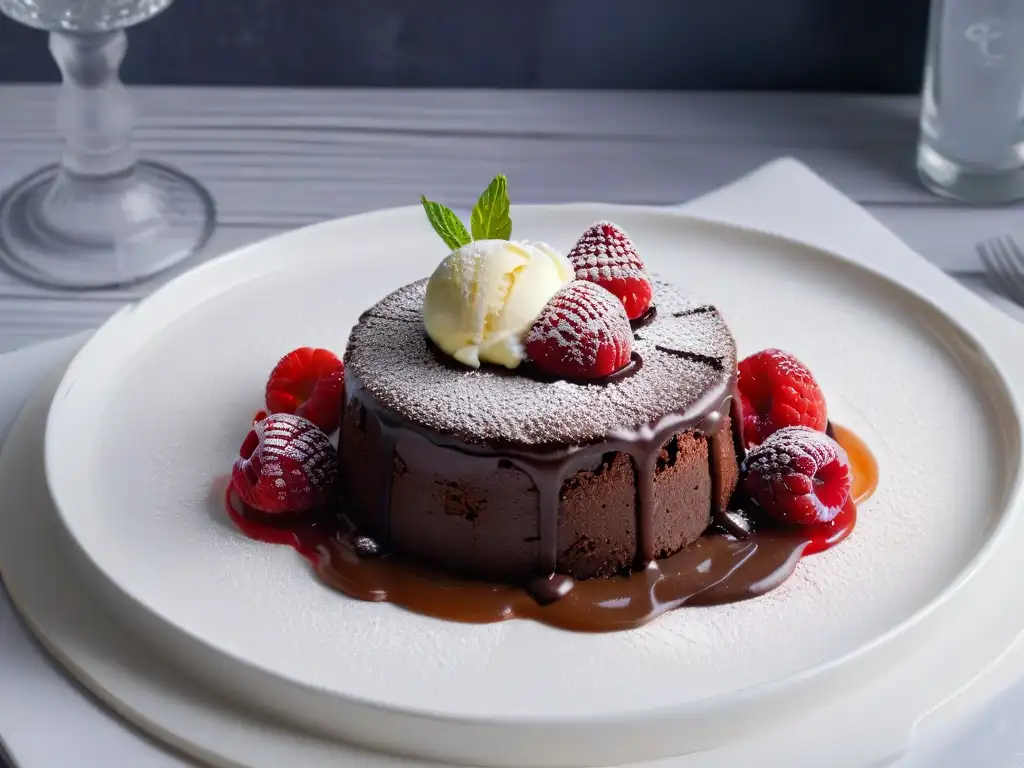 Delicioso pastel vegano de lava de chocolate con helado de vainilla sin lácteos y coulis de frambuesa tibia, en plato blanco sobre fondo oscuro