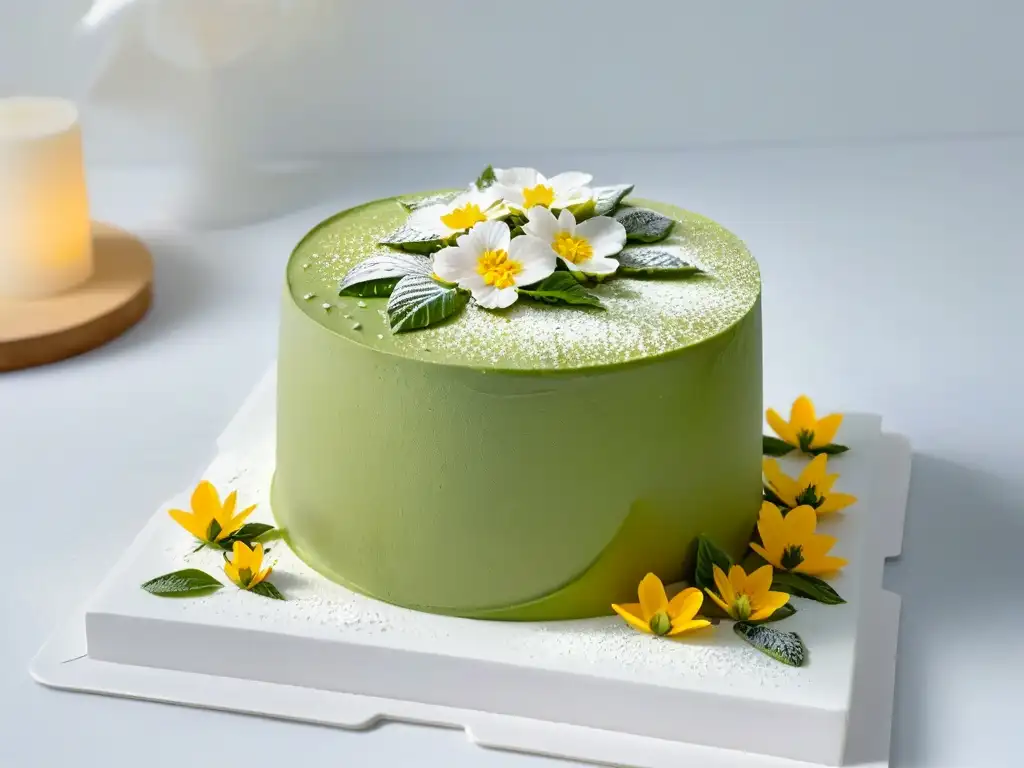 Delicioso pastel vegano de té matcha decorado con flores comestibles y azúcar glass, sobre un elegante soporte blanco