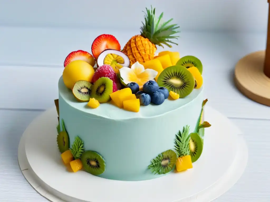 Pastel veraniego de frutas tropicales y flores fondant Delicioso pastel veraniego decorado con frutas tropicales, fondant y flores