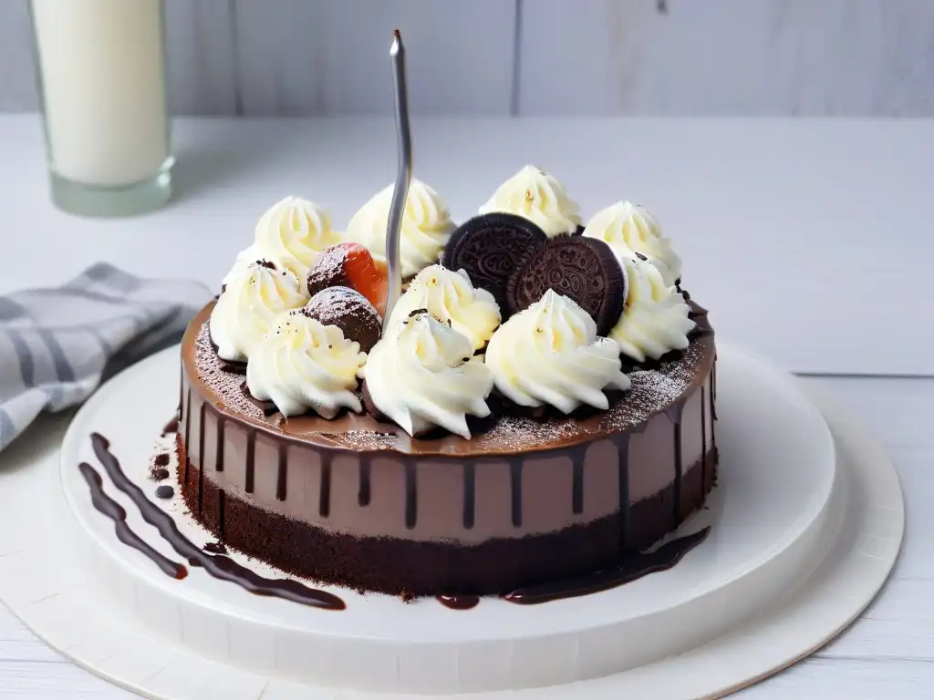 Delicioso Mississippi Mud Pie con capas de chocolate, base de galleta Oreo y crema batida, bañado en salsa de chocolate