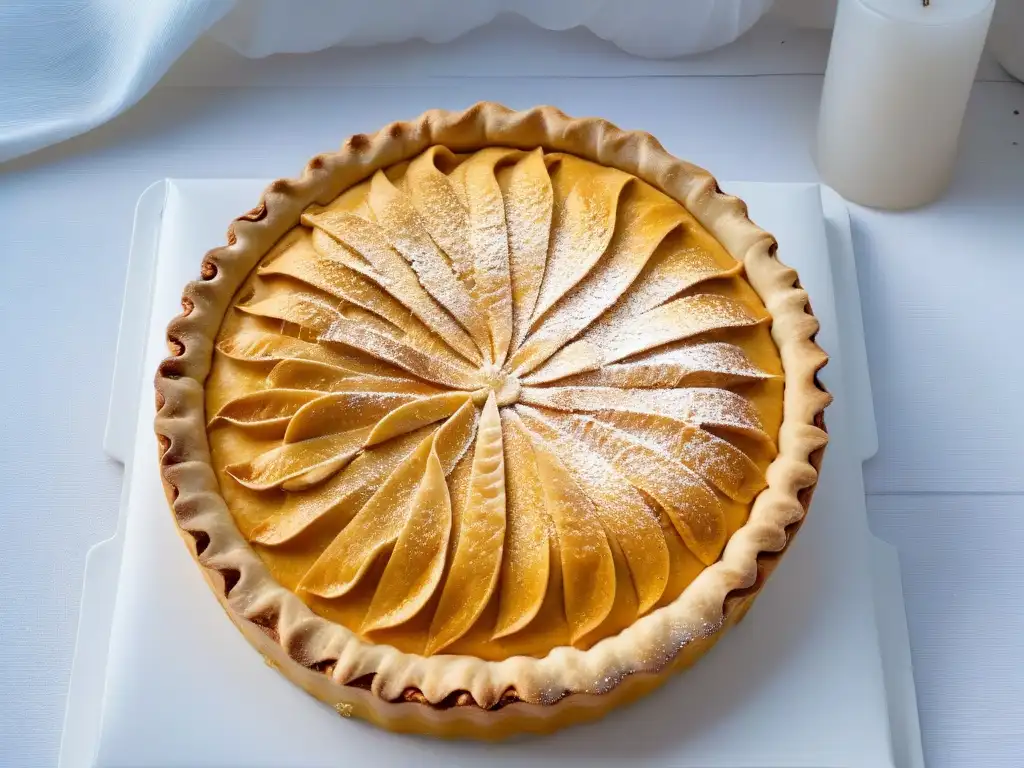 Delicioso pie de Lucuma horneado, con bordes crujientes y espolvoreado con azúcar glass