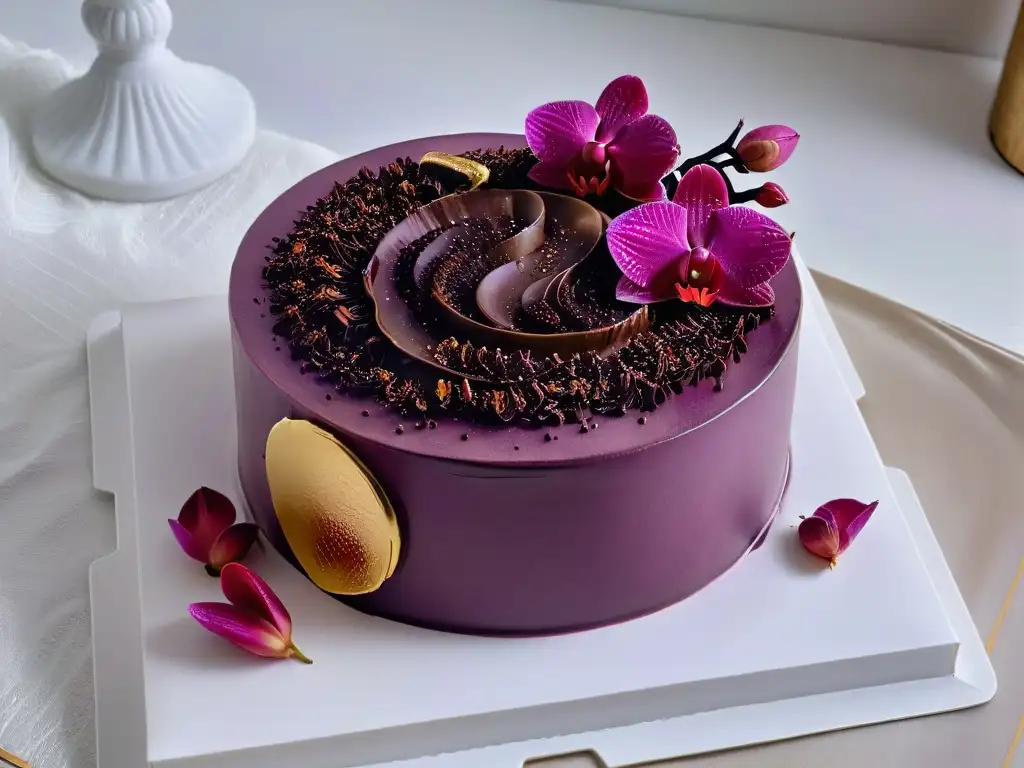 Delicioso postre de alta gama con ingredientes exóticos y elegantes detalles dorados, orquídeas púrpuras y rizos de chocolate, sobre mármol pulido