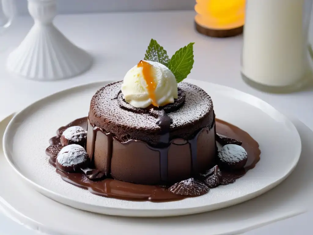 Delicioso postre para aniversarios de amor: pastel de lava de chocolate con helado de vainilla en forma de corazón sobre plato blanco