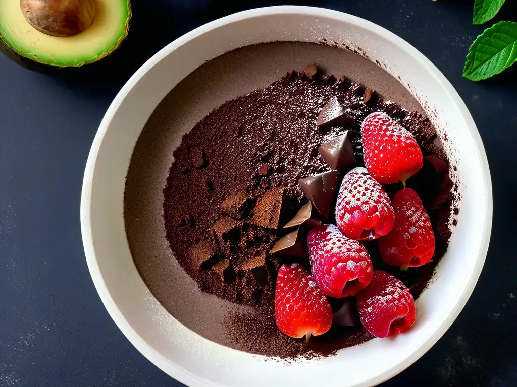 Delicioso postre sin azúcar: exquisita mousse de chocolate y aguacate con frambuesas frescas