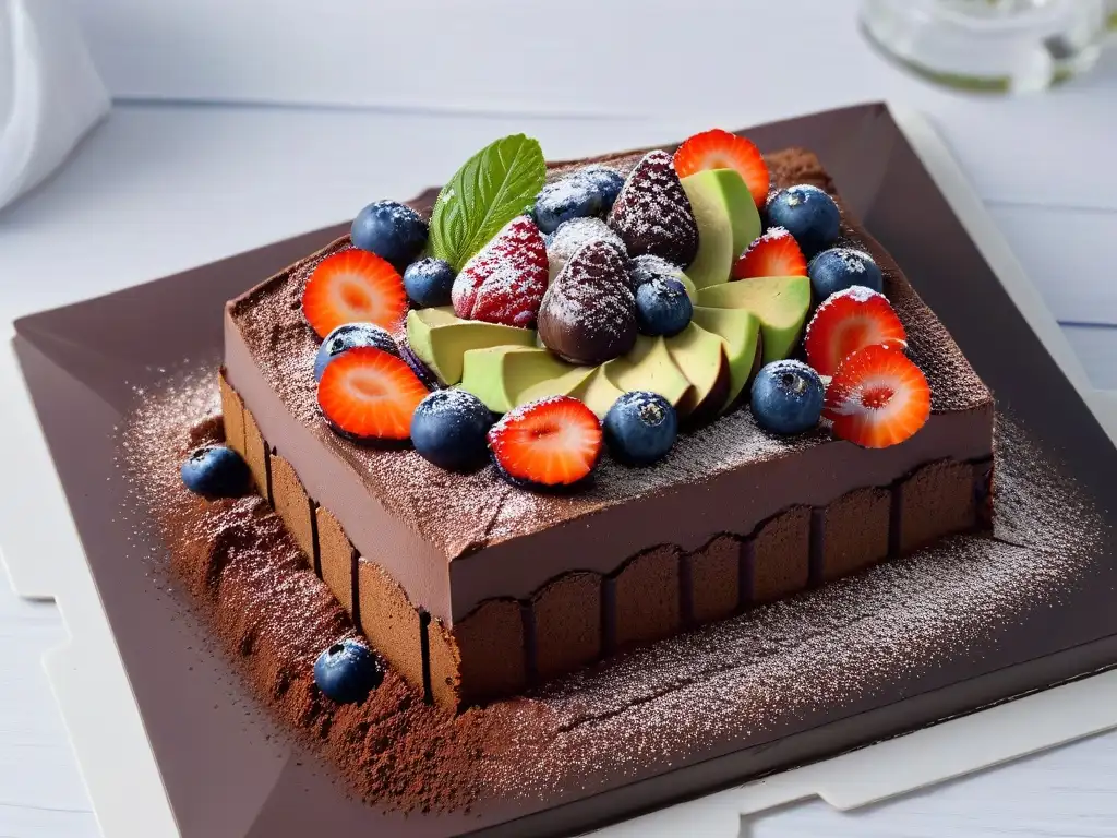 Delicioso postre bajo en calorías con mousse de chocolate y aguacate, bayas frescas y cacao en polvo