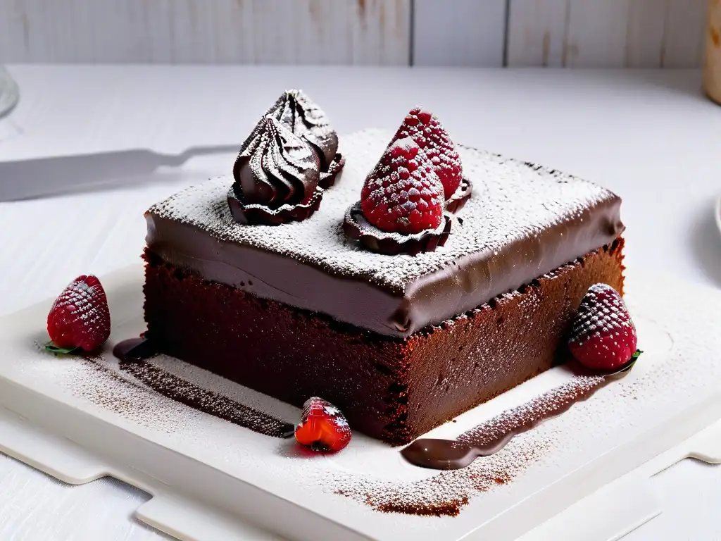 Delicioso postre bajo en calorías: rebanada de pastel de chocolate con frambuesas frescas y azúcar glass