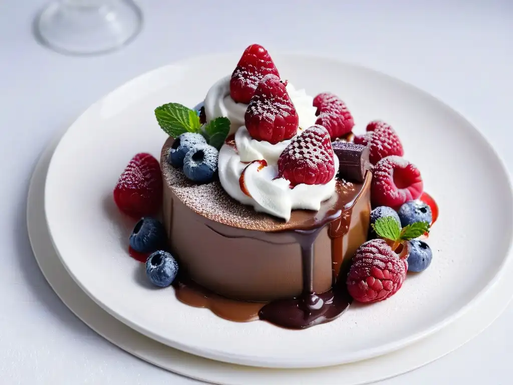 Delicioso postre bajo en grasa: exquisita mousse de chocolate con frambuesas frescas y salsa de yogur, presentado con elegancia en un plato blanco