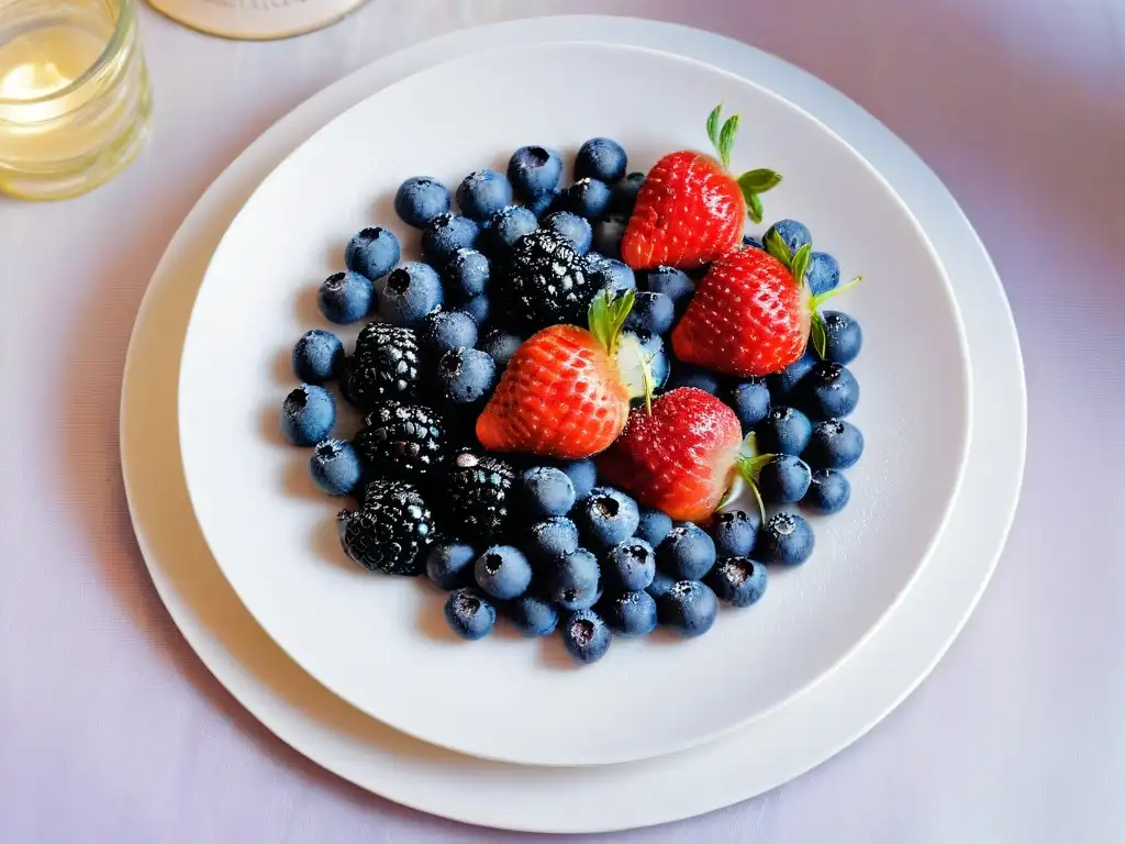 Delicioso postre con beneficios antioxidantes: mezcla de frutas vibrantes y frescas en un plato blanco y minimalista