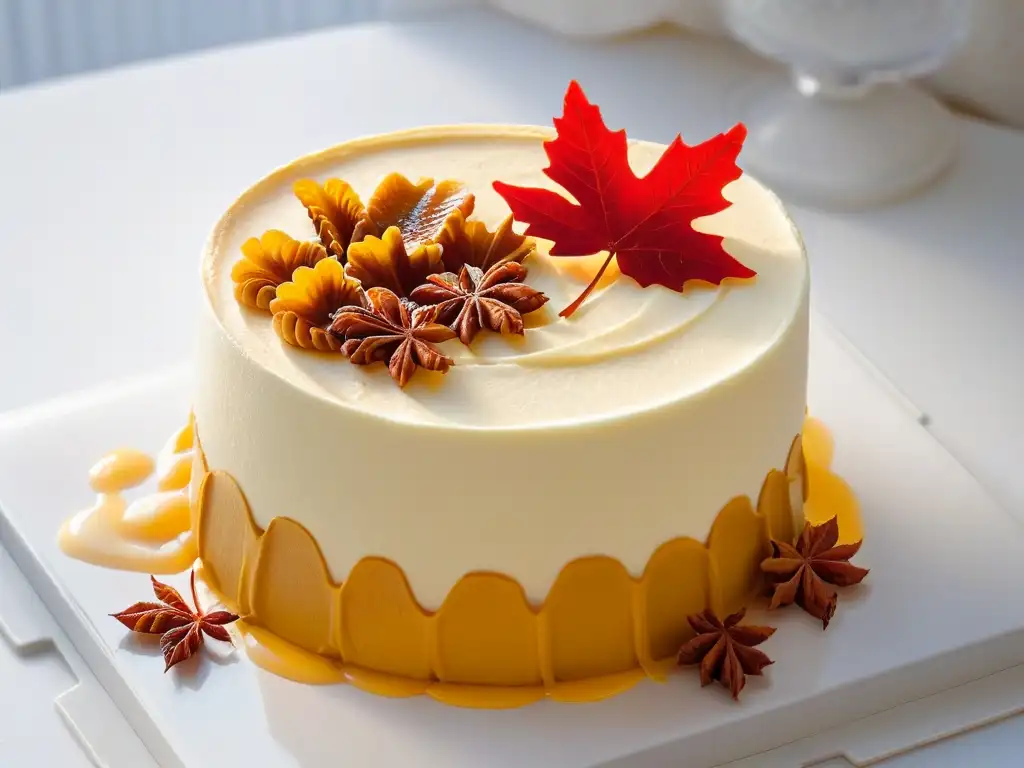 Delicioso postre canadiense con tendencias de repostería: pastel de arce con capas de bizcocho y crema, decorado con una hoja de arce roja