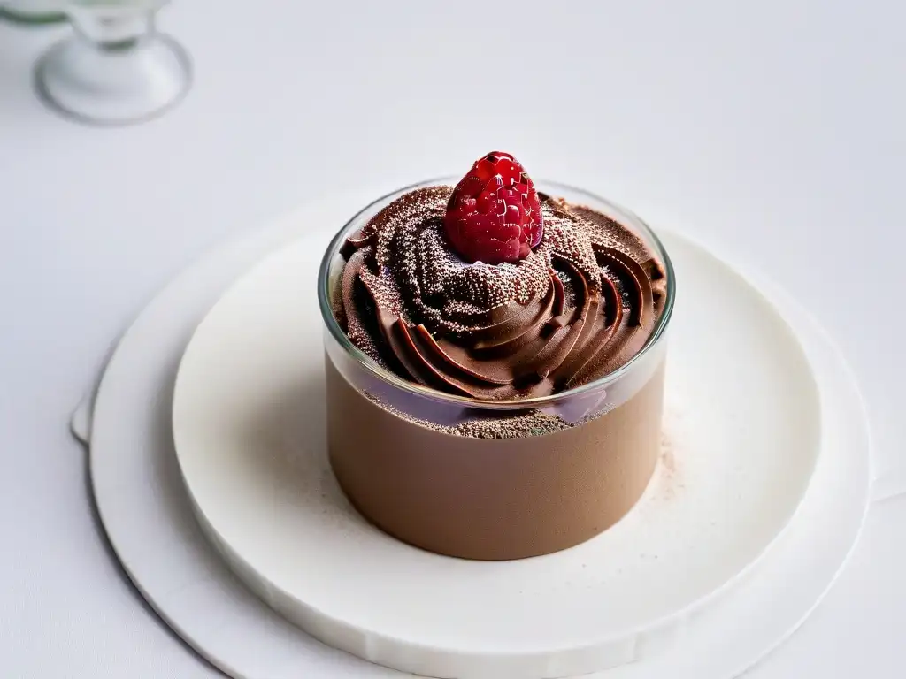 Delicioso postre sin azúcar: Mousse de chocolate y aguacate en copa elegante, con frambuesa fresca