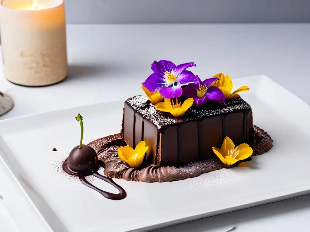 Delicioso postre de chocolate sin alérgenos con flores comestibles y salsa de chocolate sobre plato blanco