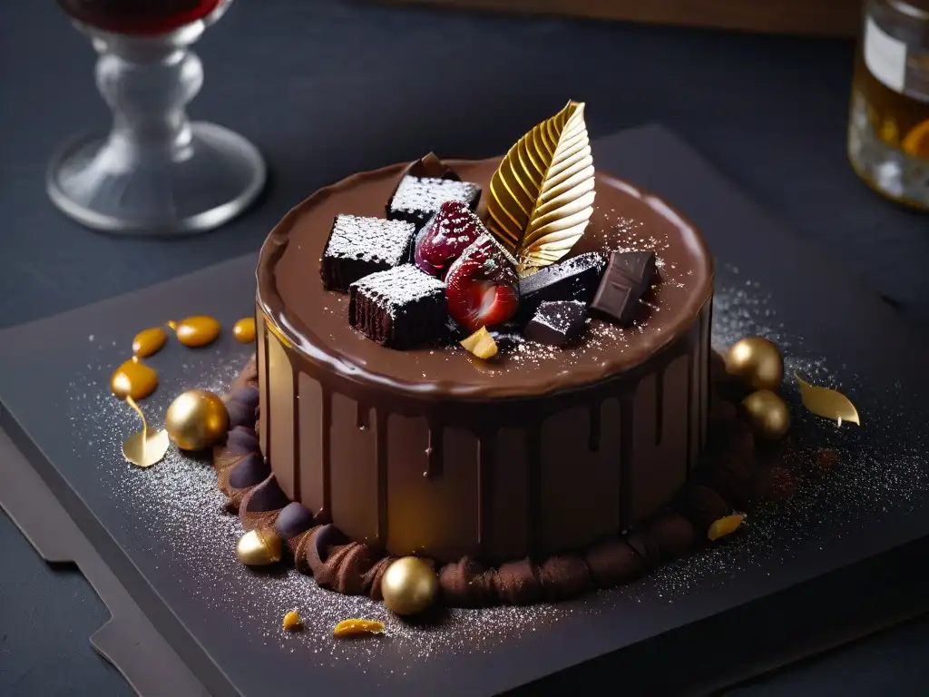 Delicioso postre de chocolate con combinaciones atrevidas en repostería, elegante y creativo