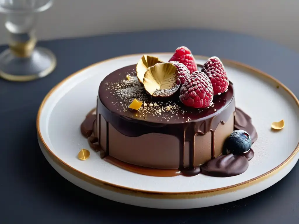 Delicioso postre de chocolate con ganache brillante, hojuelas de oro y frambuesa fresca