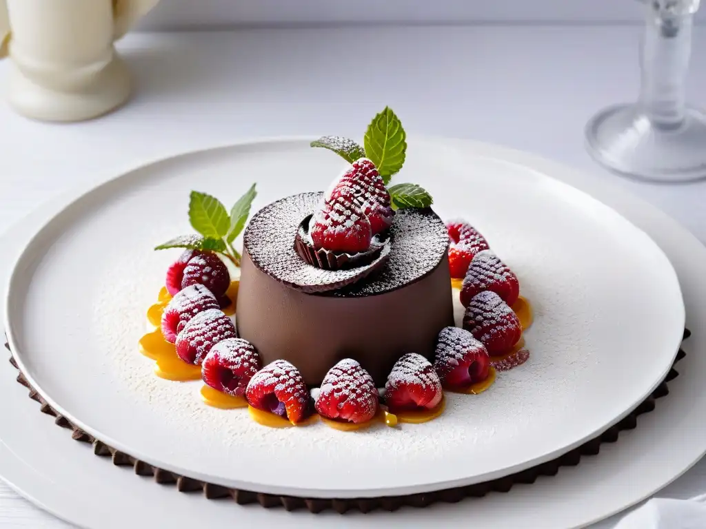 Delicioso postre de chocolate lujoso con ingredientes orgánicos, decorado con hojas de oro comestibles, frambuesas frescas y hojas de menta