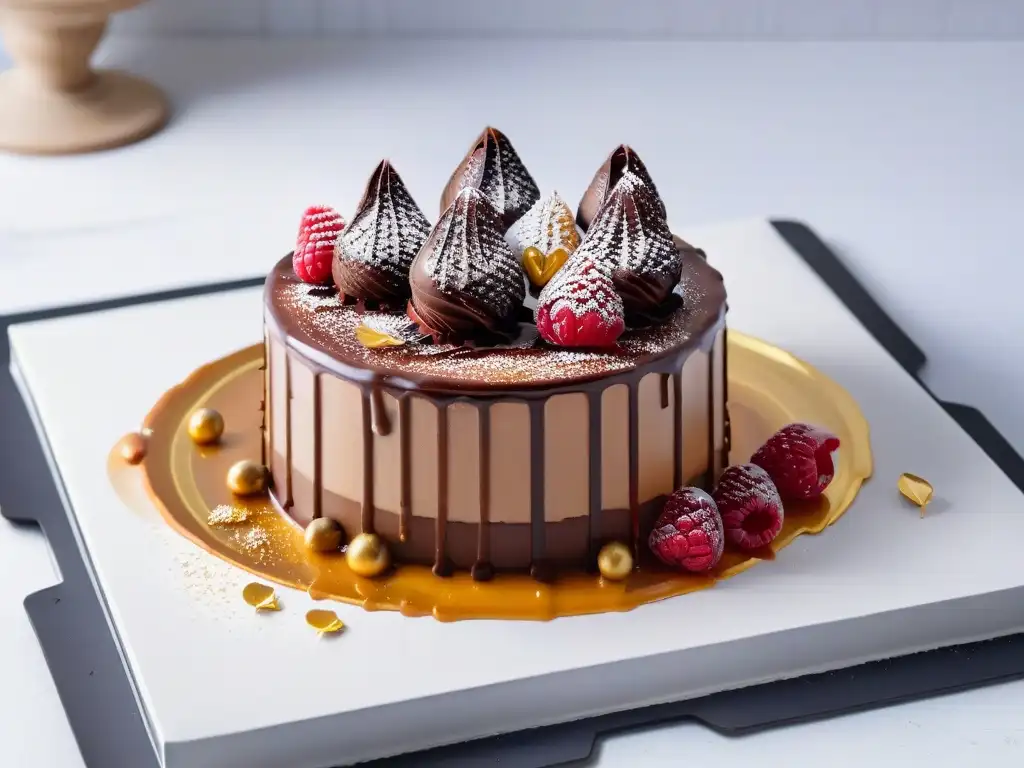 Postre decadente con chocolate, caramelo y oro Delicioso postre con combinación sabores postres tendencias globales: ganache de chocolate, caramelo y hojas de oro