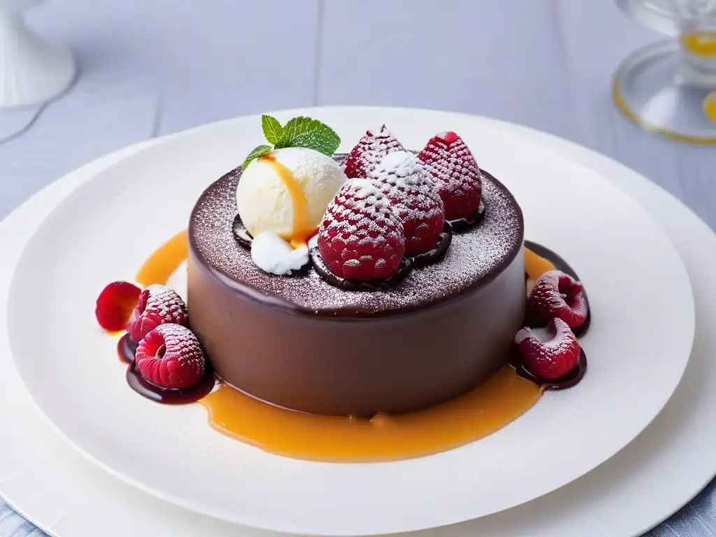 Delicioso postre con combinación de sabores en repostería: pastel de chocolate, helado de vainilla y coulis de frambuesa