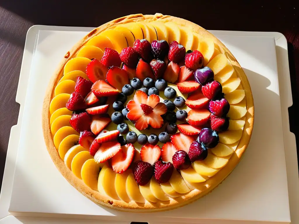 Delicioso postre creativo con sobras de frutas: una tarta vibrante y detallada con fresas, kiwis y duraznos sobre una base dorada