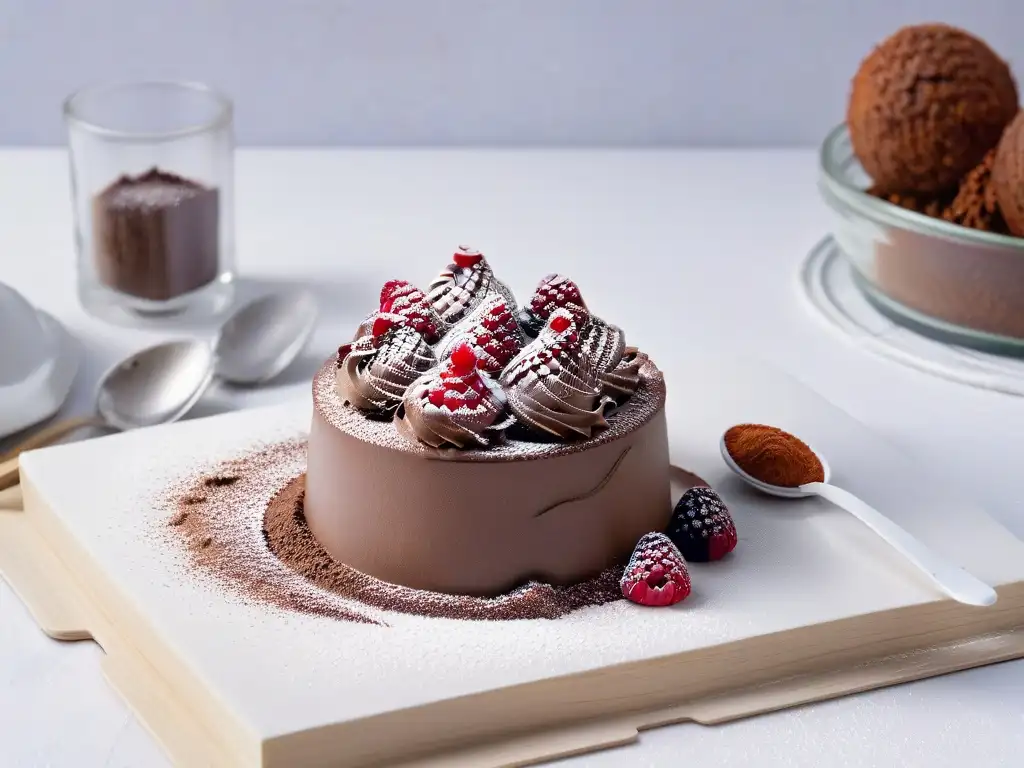 Delicioso postre para diabéticos: mousse de chocolate sin azúcar con frambuesas frescas y cacao
