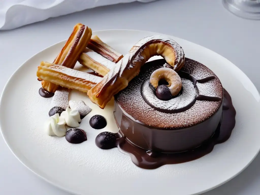 Delicioso postre de fusión para viajar con churros dorados, crema de vainilla y salsa de chocolate en un elegante plato blanco' 