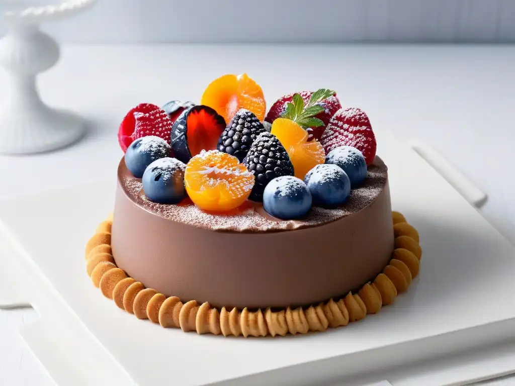 Delicioso postre gourmet con caviar de frutas: mousse de chocolate decadente con esferas de frutas vibrantes en plato minimalista blanco