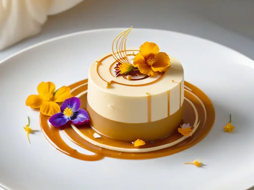 Delicioso postre gourmet con swirls de caramelo, flores comestibles y hojuelas de oro sobre un plato blanco