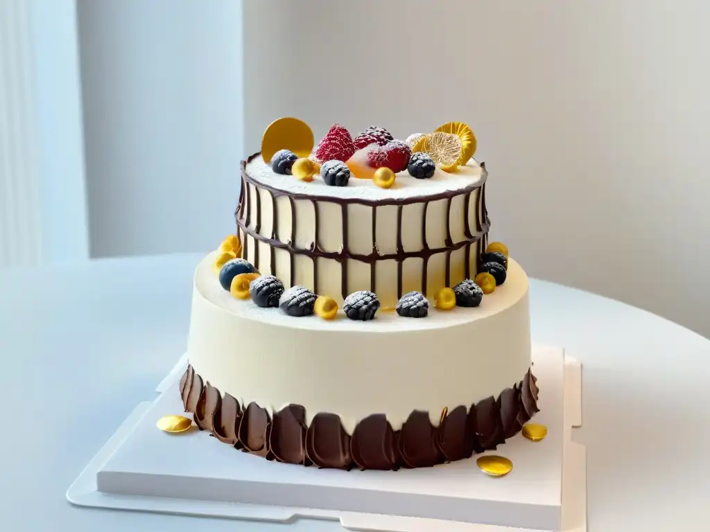 Delicioso postre inspirado en arquitectura con capas de chocolate, hojas de oro y arcos de azúcar