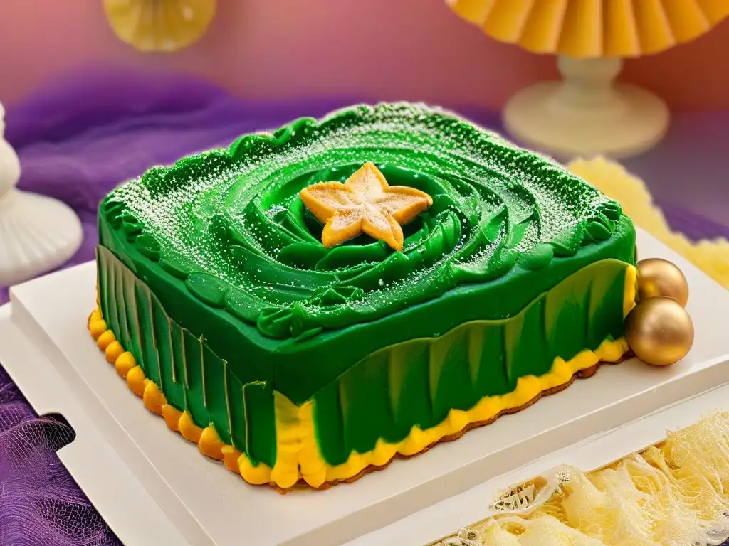 Delicioso postre inspirado en Mardi Gras: rebanada de Roscón de Reyes con colores vibrantes y un bebé oculto