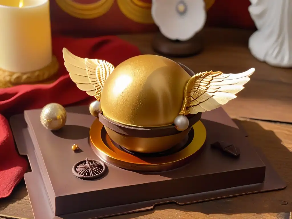 Delicioso postre inspirado en películas Harry Potter: una snitch dorada brillante con alas de chocolate, sobre mesa rústica
